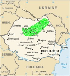 In verde, l'area rumena in cui abbiamo condotto il sondaggio sull'uso del passeggino.